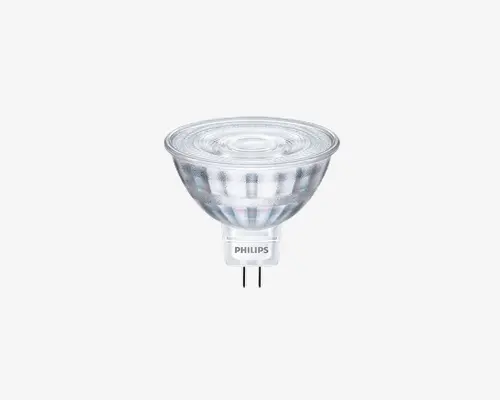 Klar glas spotpære med facetteret reflektordesign for fokuseret lysfordeling. Pæren har en to-benet sokkel for nem montering og er mærket med Philips-logoet. Reflektorens overflade er tekstureret for at forbedre lysudbyttet og reducere blænding.