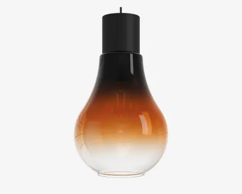 En pære med et moderne design og glas med farveovergang. Glasset går fra sort i toppen, over en varm rav-orange farve i midten, til klart nederst. Pæren har en sort fatning og synlig glødetråd indeni, hvilket giver et stilfuldt og dekorativt udtryk, der passer til moderne indretning.