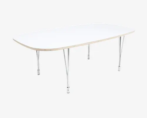 Stor, moderne bord med en glat, hvid rektangulær bordplade med afrundede hjørner. Bordpladen har en tynd, lys træ-kant. Understøttes af seks slanke, metalliske ben, der er let vinklet udad for stabilitet. Designet er minimalistisk og egner sig til mødelokaler eller spisestuer.