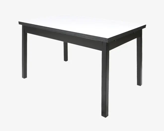 Rektangulært bord med en glat, hvid bordplade og solide, sorte ben og ramme. Designet er minimalistisk og moderne med rene linjer og holdbar konstruktion, der passer til forskellige miljøer.