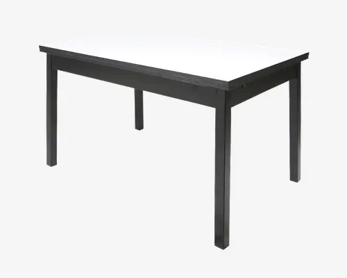 Rektangulært bord med en glat, hvid bordplade og solide, sorte ben og ramme. Designet er minimalistisk og moderne med rene linjer og holdbar konstruktion, der passer til forskellige miljøer.