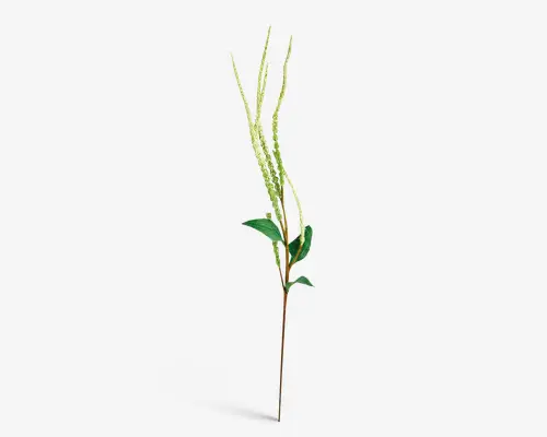 En enkelt kunstig blomsterstilk med tre høje, slanke grene, der har klynger af små, lysegrønne knopper. Stilken er brun med en realistisk tekstur, og der er flere grønne blade fastgjort nær bunden. Det samlede udtryk er fint og naturligt, velegnet til dekorative arrangementer.