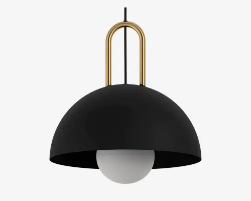 Loftlampe med en mat sort, kuppelformet metalskærm med glat overflade. Lampen hænger i to buede, guldfarvede metalstænger, der danner en bue over skærmen. Under skærmen ses en hvid, kugleformet pære, hvilket giver et moderne og minimalistisk udtryk.