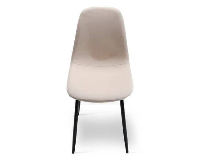 Moderne stol med let buet, polstret ryglæn og sæde betrukket med lysebeige stof. Stolen har slanke, let tilspidsede sorte metalben, hvilket giver et minimalistisk og nutidigt udtryk. Sæde og ryglæn er sømløst forbundet og giver en glat og komfortabel siddeflade.