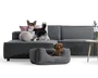 Mørkegrå modulsofa med chaiselong, to pyntepuder og en rund beige pude, med en lille grå kæledyrsseng foran hvor en brun, krøllet hund ligger; et lille sidebord med blomster ses i højre kant.