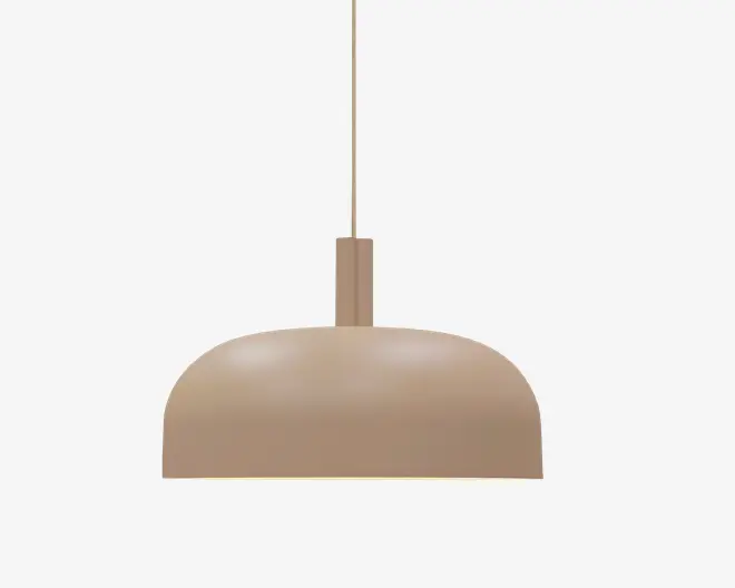 En beige kuppelformet pendellampe med glat mat overflade og en slank ophængningsledning.