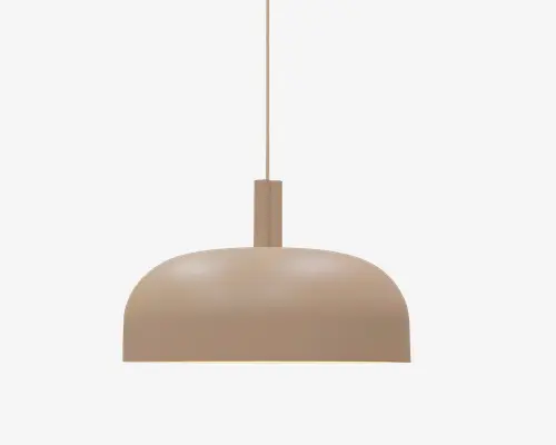 En beige kuppelformet pendellampe med glat mat overflade og en slank ophængningsledning.
