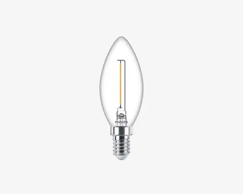 Klar glaspære med et stearinlysformet design, der har en synlig lodret LED-filament indeni. Soklen er af metal med skruefatning, egnet til E14 fatninger. Pæren har et moderne, minimalistisk udseende og er designet til energieffektivitet.