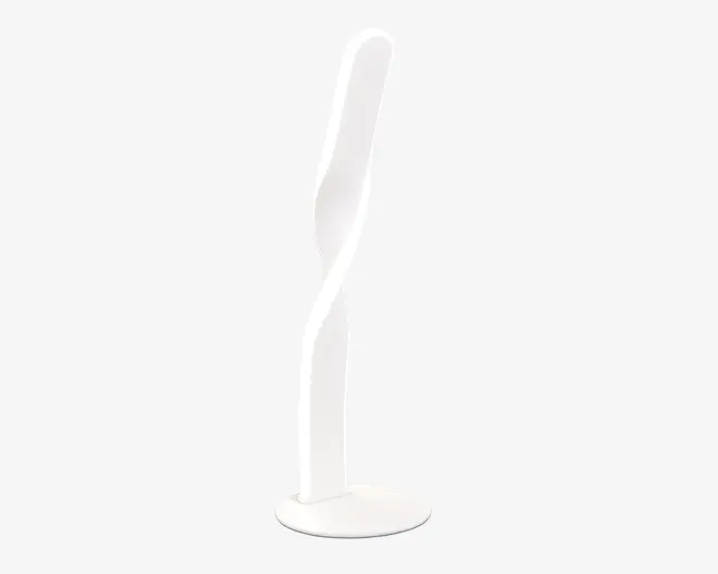 Elegant, moderne genstand med et snoet, spiralformet design og en glat, mat hvid overflade. Strukturen står lodret på en rund, flad fod, hvilket giver stabilitet. Dens minimalistiske form og skulpturelle udseende gør den velegnet som dekorativt element eller funktionelt stykke i moderne indretning.