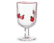 Klar glasbæger med kort stilk og bred fod, dekoreret med røde jordbærillustrationer og grønne blade. Glassets kant er fremhævet med en tynd rød linje.