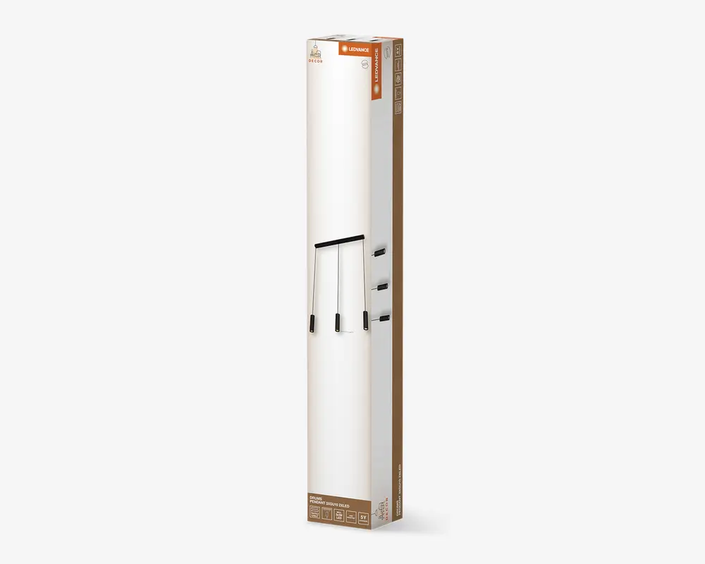 Høj, rektangulær emballage med et minimalistisk design, der viser et produktbillede af et moderne, vægmonteret brusesæt i mat sort. Kassen fremhæver vigtige funktioner som nem installation, justerbar højde og kompatibilitet med forskellige brusehoveder. Emballagen er i hvid og brun med tydelig mærkning og ikoner, der angiver produktspecifikationer.