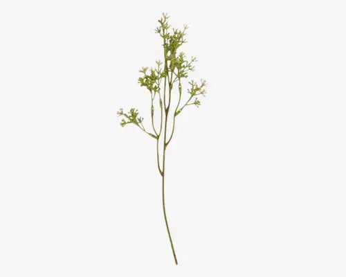 En enkelt kunstig stilk med flere tynde grene, der hver især har små klaser af fine hvide blomster og grønt løv. Stilkens form er lang og slank, velegnet til brug i blomsterarrangementer eller som dekorativ detalje.