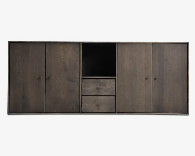 Reolopstilling med døre og skuffer røget eg