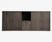 Reolopstilling med døre og skuffer røget eg