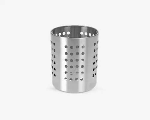 Cylindrisk bestikholder i rustfrit stål med børstet overflade, udstyret med jævnt fordelte runde huller på siderne for ventilation og dræning. Den øverste kant er glat og let afrundet for sikkerhed. Holdbar og nem at rengøre, velegnet til organisering af køkkenredskaber eller bestik.