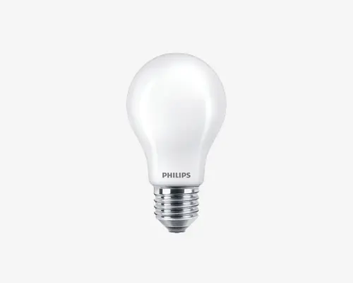 Mat glas lyspære med standard skruefatning og rund form. Pæren har en glat, mat overflade og mærket 'PHILIPS' trykt nær bunden. Den metalskrue fatning er sølvfarvet og riflet for nem montering.