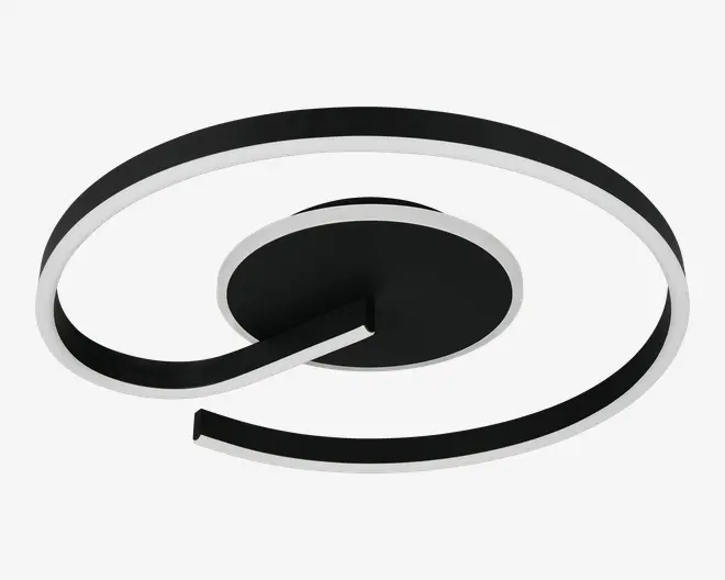 Moderne loftarmatur med spiralformet design og mat sort finish. Lyskilden er integreret langs spiralens inderside og giver jævn belysning. Armaturet har et slankt, minimalistisk udseende med en rund base, der monteres direkte på loftet. Spiralarmen strækker sig udad i en sammenhængende kurve og skaber en markant visuel effekt.