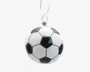 Rund pynt, der ligner en klassisk fodbold med skiftevis sorte femkanter og hvide sekskanter samt en blank overflade. Ornamentet har en sølvfarvet top og ophængsøje, og overfladen fremstår glat og reflekterende.