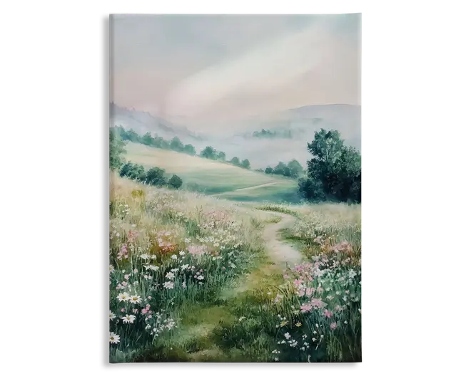 Et fredfyldt landskabsmaleri med en snoet jordsti, der løber gennem en frodig eng fyldt med vilde blomster i hvide, lyserøde og lilla nuancer. Scenen viser bølgende grønne bakker, grupper af træer og en blød, tåget himmel, som skaber en rolig og drømmende stemning. Farverne er blide og pastelfarvede, hvilket forstærker kunstværkets fredelige udtryk.