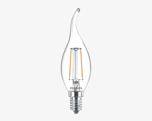 Klar glas LED-pære med dekorativ flammeformet spids og synlige filament-lignende LED-strimler indeni. Basen er en lille skruefatning, der passer til lysekroner og andre dekorative armaturer. Pæren har et moderne, men klassisk udseende, velegnet til stemningsfuld belysning.