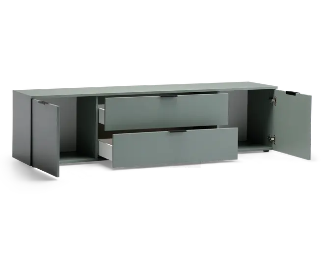 Et moderne, vægmonteret skab i mat grå finish med to centrale skuffer uden synlige greb og med soft-close funktion. På hver side af skufferne er der to hængslede låger, som åbner op til rummelige rum med en enkelt hylde til ekstra opbevaring. Det rene og minimalistiske design passer godt til moderne indretning.