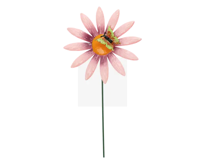 Dekorativ havelåge med en stor lyserød blomst med teksturerede kronblade, en blank orange midte og en lille, detaljeret sommerfugl placeret på midten. Blomsten er fastgjort til en slank grøn stilk.