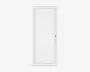Høj, rektangulær hvid dør med et minimalistisk design, glat overflade og et lille rundt sølvhåndtag i højre side. Døren har en diskret ramme langs kanterne og står på korte, firkantede fødder.