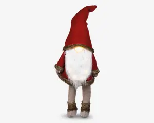 En dekorativ figur med en høj, spids rød hue med kunstpelskant, langt hvidt skæg og en rund næse, der lyser op. Figuren har en rød frakke med pelskant på ærmer og kant, beige ben og matchende støvler med pelskant. Udtrykket er hyggeligt og julet, velegnet til julepynt.
