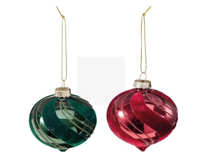 Sæt med to runde glasornamenter med spiraldesign. Den ene ornament er grøn med guldfarvede glimmerdetaljer, og den anden er rød med tilsvarende guldfarvede glimmerdetaljer. Begge har en blank, reflekterende overflade og er udstyret med en guldfarvet top og ophængssnor til nem ophængning på træet.