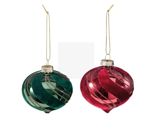 Sæt med to runde glasornamenter med spiraldesign. Den ene ornament er grøn med guldfarvede glimmerdetaljer, og den anden er rød med tilsvarende guldfarvede glimmerdetaljer. Begge har en blank, reflekterende overflade og er udstyret med en guldfarvet top og ophængssnor til nem ophængning på træet.