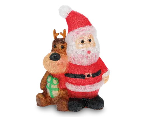 En festlig figur med julemanden i klassisk rød dragt med sort bælte og hvid kant, stående ved siden af et brunt rensdyr. Rensdyret har små gevirer, en stor sort næse og holder en grøn gave med gul sløjfe. Begge figurer har en tekstureret, let glitrende overflade, hvilket giver dem et muntert og fantasifuldt udtryk.