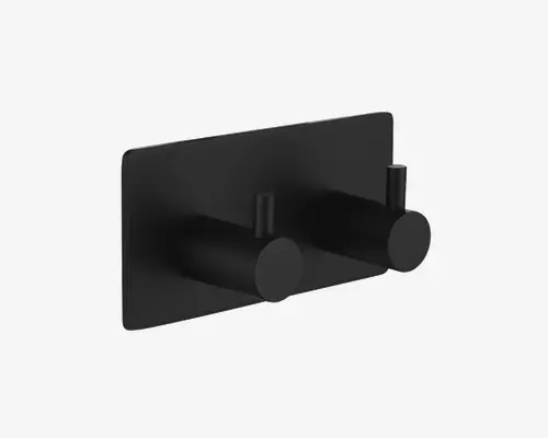 Vægmonteret knagerække i mat sort med to cylindriske kroge på en rektangulær base. Designet er minimalistisk og moderne med glatte kanter og en elegant overflade, velegnet til ophængning af håndklæder, badekåber eller tilbehør.