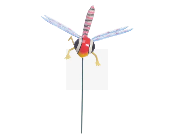 Dekorativ havelod formet som en guldsmed, med en stribet pink og sort hale, gennemsigtige blå vinger med mønster, rund krop med røde, sorte og hvide segmenter samt gule ben. Guldsmeden er monteret på en tynd metalstang, så den nemt kan placeres i jorden.