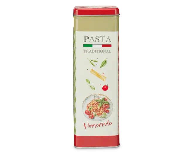 Høj, rektangulær metaldåse med rød låg og bund, og en hvid front med illustrationer af pasta, basilikumblade, en tomat og en tallerken spaghetti. Designet har teksten 'PASTA TRADITIONAL' og 'Homemade' i stiliserede skrifttyper samt grønne og røde detaljer, der minder om det italienske flag.
