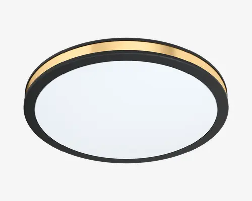 Rund loftarmatur med et elegant, moderne design. Har en bred, flad hvid diffuser for jævn lysfordeling, omgivet af en sort ramme med en guldfarvet accentbånd langs kanten. Armaturet har en lav profil, hvilket gør det velegnet til rum med begrænset loftshøjde.