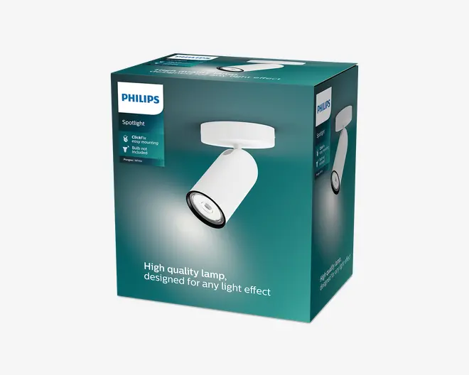 Turkis Philips Spotlight-emballage med en hvid, justerbar cylindrisk loftspot på forsiden, Philips-logo, oplysninger om hurtig montering og tekst om, at pæren ikke medfølger.