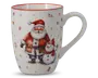 Hvid keramikkop med et festligt motiv af en glad julemand og en smilende snemand, begge iført rødt vintertøj. Koppen er dekoreret med små julemotiver som stjerner, slikstokke og snefnug, der er spredt rundt om hovedmotivet. Kopkanten har en tynd rød streg, som giver et ekstra farvepift til designet. Håndtaget er stort og afrundet for et behageligt greb.