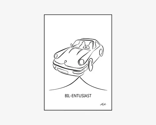 Minimalistisk stregtegning af en klassisk sportsvogn set forfra i en vinkel, med runde forlygter, lav motorhjelm og detaljerede hjul. Tegningen er enkel og elegant med rene sorte linjer på hvid baggrund. Under bilen står teksten 'BIL-ENTUSIAST', og der er en lille kunstnersignatur nederst til højre.