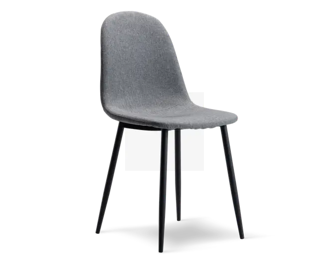 Stol med let buet, polstret sæde og ryglæn betrukket med lysegråt stof. Stolen har slanke, sorte metalben, der er let skråtstillede for stabilitet. Designet er minimalistisk og moderne med glatte kanter og en komfortabel, ergonomisk form.