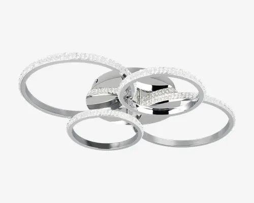 Moderne loftlampe med fire sammenflettede cirkulære ringe i poleret kromfinish. Hver ring er besat med klare krystaller, der giver en funklende og elegant effekt, når lampen er tændt. Lampen har et slankt, nutidigt design, der passer til stilfulde indretninger.