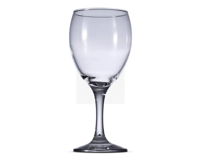 Klar glas med rundet skål, slank stilk og flad, cirkulær fod. Skålen er bred i bunden og snævrer let ind mod kanten, hvilket giver et behageligt greb og optimal iltning af drikken. Glasset er gennemsigtigt og har en glat, poleret overflade.