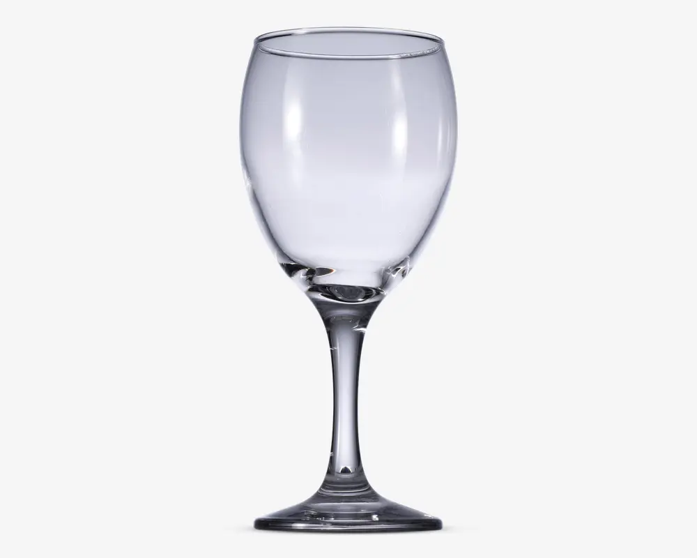 Klar glas med rundet skål, slank stilk og flad, cirkulær fod. Skålen er bred i bunden og snævrer let ind mod kanten, hvilket giver et behageligt greb og optimal iltning af drikken. Glasset er gennemsigtigt og har en glat, poleret overflade.