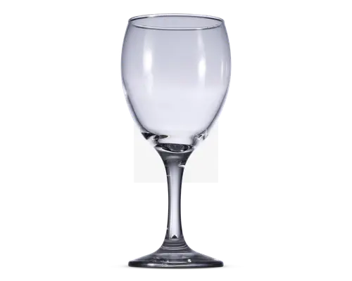Klar glas med rundet skål, slank stilk og flad, cirkulær fod. Skålen er bred i bunden og snævrer let ind mod kanten, hvilket giver et behageligt greb og optimal iltning af drikken. Glasset er gennemsigtigt og har en glat, poleret overflade.