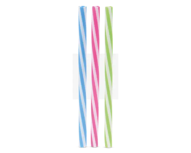Tre lige sugerør med hvid bund og diagonale striber i forskellige farver: ét med blå striber, ét med lyserøde striber og ét med grønne striber. Sugerørene har en blank overflade og er af standard længde og diameter.