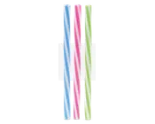 Tre lige sugerør med hvid bund og diagonale striber i forskellige farver: ét med blå striber, ét med lyserøde striber og ét med grønne striber. Sugerørene har en blank overflade og er af standard længde og diameter.