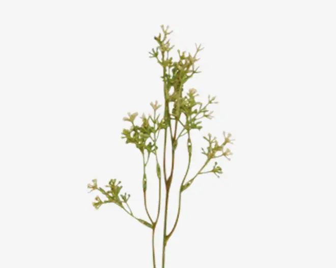 Kunstig plantestilk med flere slanke grønne grene og små, fine hvide blomster samlet i klaser for enden af grenene. Stilken har et naturligt, let buet udseende, og blomsterne er jævnt fordelt, hvilket giver et let og luftigt udtryk.