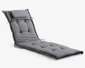 Tykt, polstret hynde i mørkegrå farve, designet til en liggestol. Har knaplukning for ekstra komfort og stil samt en fastgjort hovedpude for nakkestøtte. Hynden har bindebånd i siderne til fastgørelse på stolen og er opdelt i sektioner, så den passer til en justerbar liggestol.