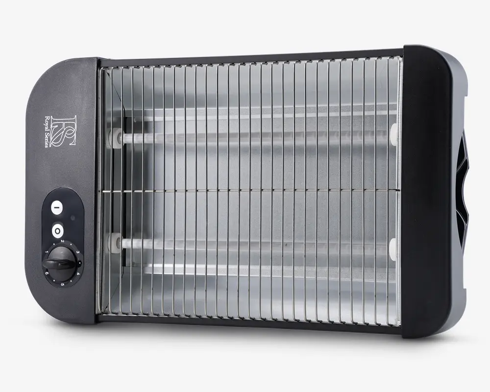 Rektangulært elektrisk apparat med en front af metalgitter, to synlige varmeelementer indeni og sorte plastikender. Venstre side har et kontrolpanel med en drejeknap til justering af varmeniveauet samt to indikator-knapper. Designet er kompakt og egnet til bord- eller vægmontering.