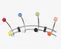Væghængt stativ med seks buede metalkroge, hver med en blank, rund kugle i forskellige farver: rød, blå, grøn, lyserød, orange og gul. Stativet har en skinnende kromfinish og to vandrette stænger for ekstra stabilitet. Krogene er jævnt fordelt og designet til at holde genstande sikkert uden at glide.
