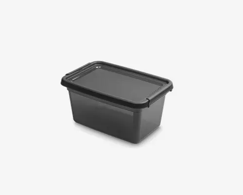 Rektangulær, halvgennemsigtig plastbeholder med matchende mørkegråt låg. Låget sidder tæt og har en let forhøjet kant for nem håndtering. Beholderen har glatte sider og afrundede hjørner, hvilket gør den nem at rengøre og stable. Velegnet til organisering eller opbevaring af forskellige genstande.